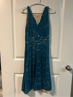 Teal Lace Midi Dress with V-Neck